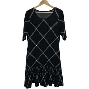 Ivanka Trump Black White Diamond Plaid Flare Hem Sweater Womens Dress Size Large